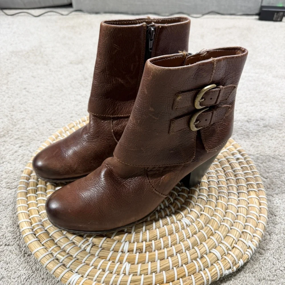 b.o.c Women’s Viana Leather Booties Ankle Boots Blocked Heel Zip Side in Brown 8